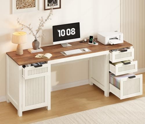 YOMILUVE YOMILUVE 62" Fluted Farmhouse Desk with 4 Drawers and Storage Cabinet