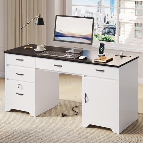 Bestier 59" Office Desk with Lockable Drawers, Keyboard Drawer and Charging Station